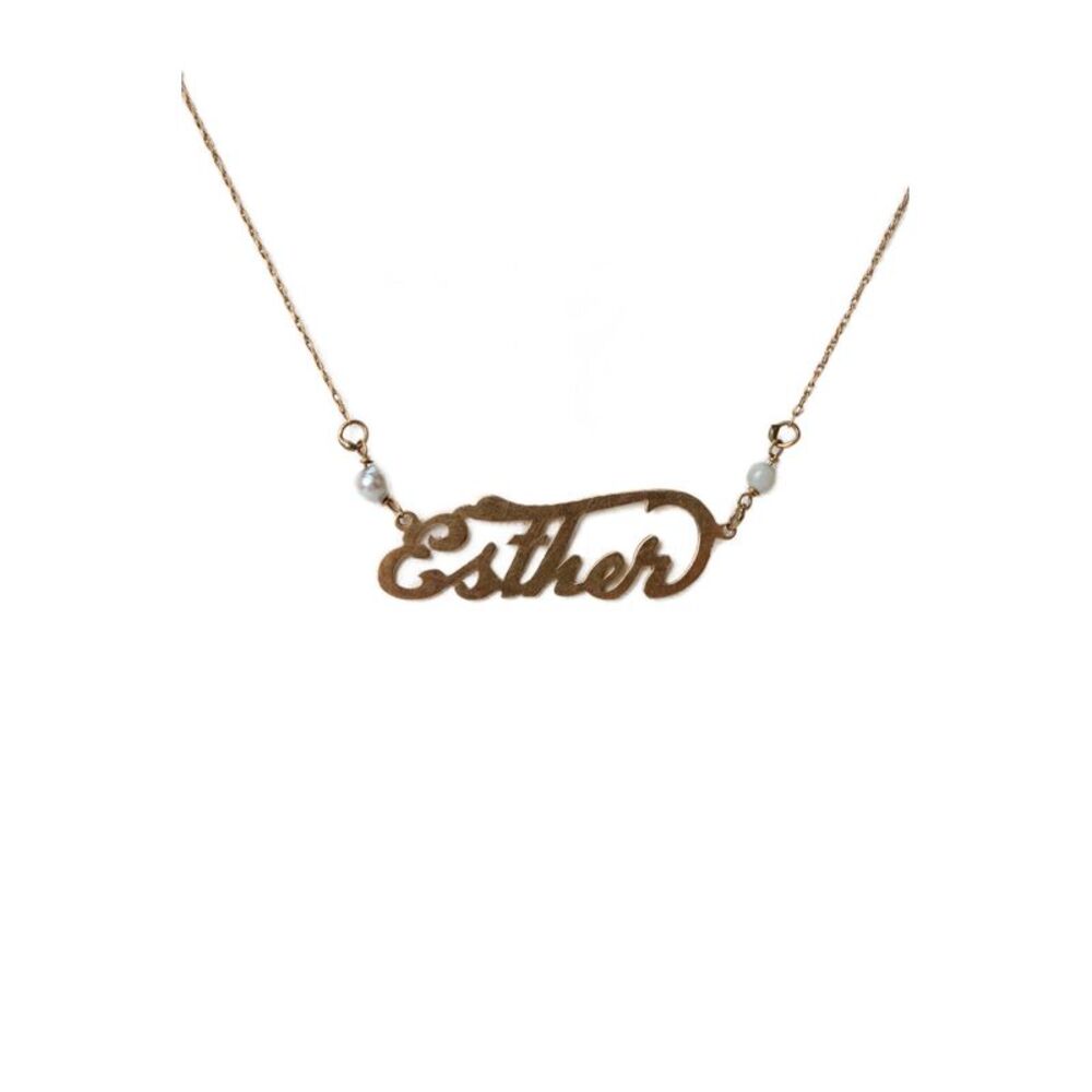 Designer Womens 13K Y Gold Pearl Accent Esther Nameplate Necklace 20" 2.6g